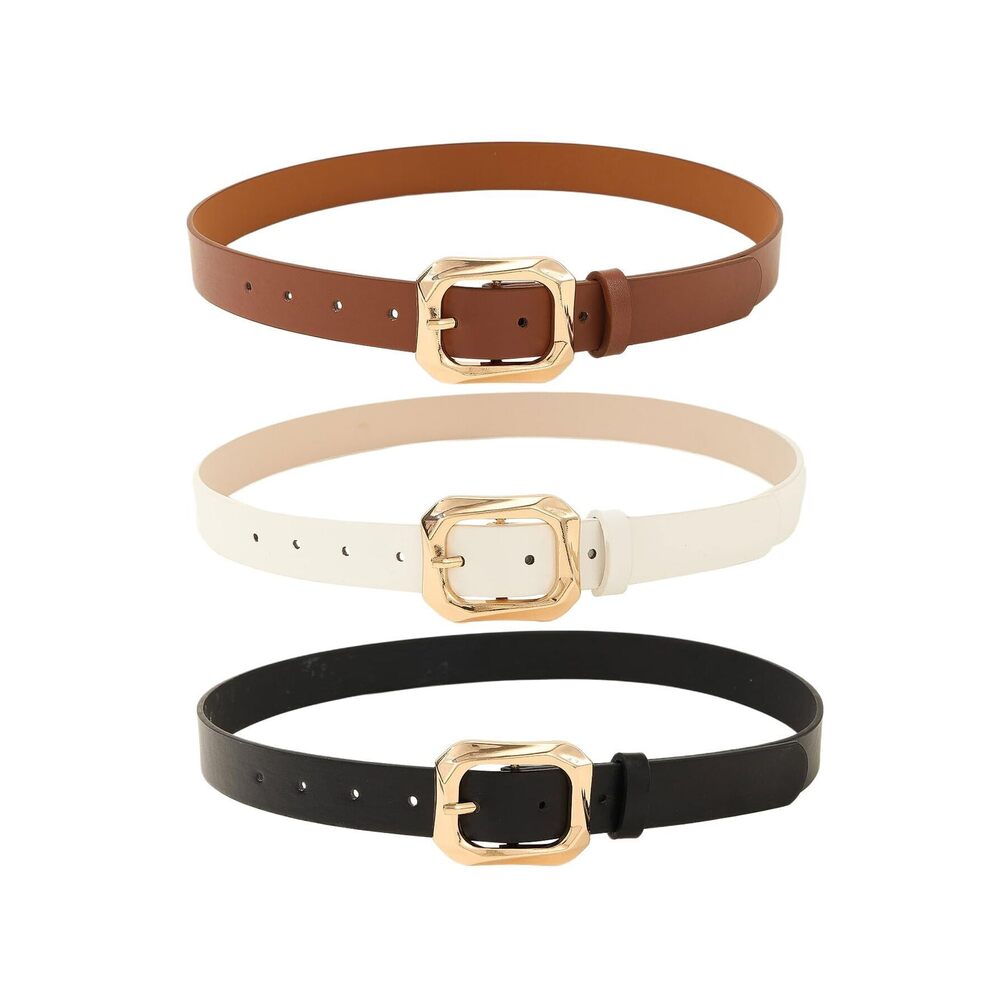 9417 Women's 3 Pack Pu Leather Belts Fashion Wide Belt With Square Gold